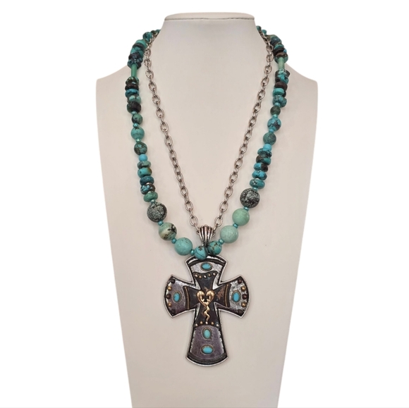 Turquoise Bead Necklace Silvertone Metal Cross Necklace 2 Piece Bundle - Picture 9 of 9
